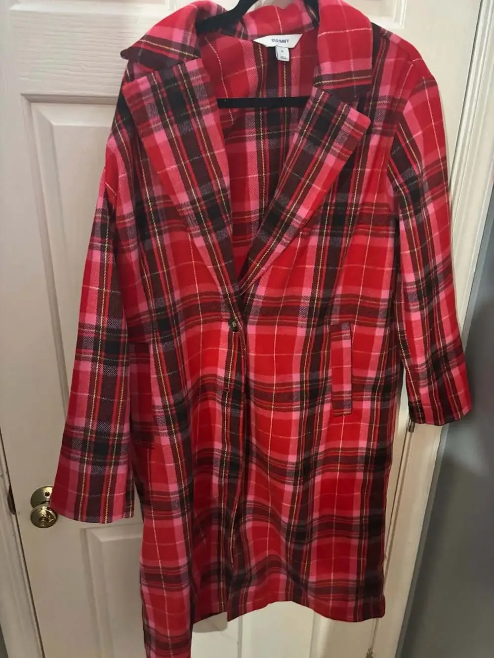 Old Navy Women's Oversized Soft-Brushed Red and Pink Plaid Overcoat M